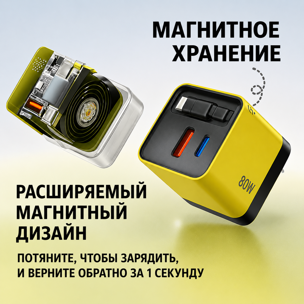 Зарядное устройство 3-в-1 80W с выдвижным кабелем | Для iPhone, Android и USB-C