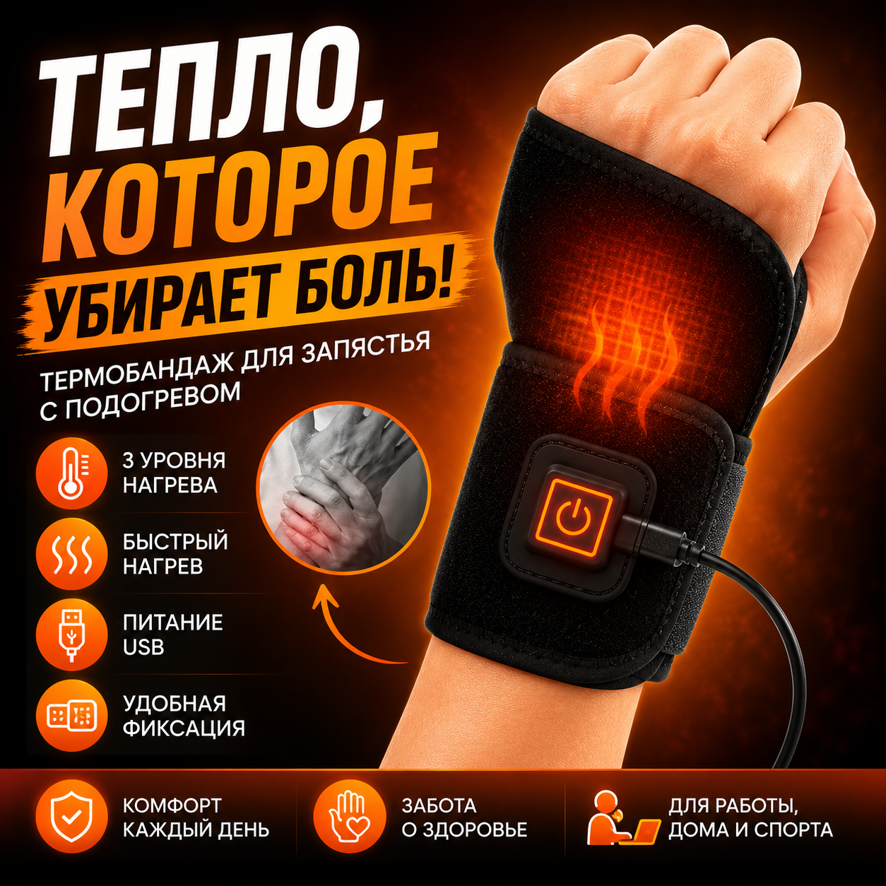 Термобандаж для запястья с подогревом USB