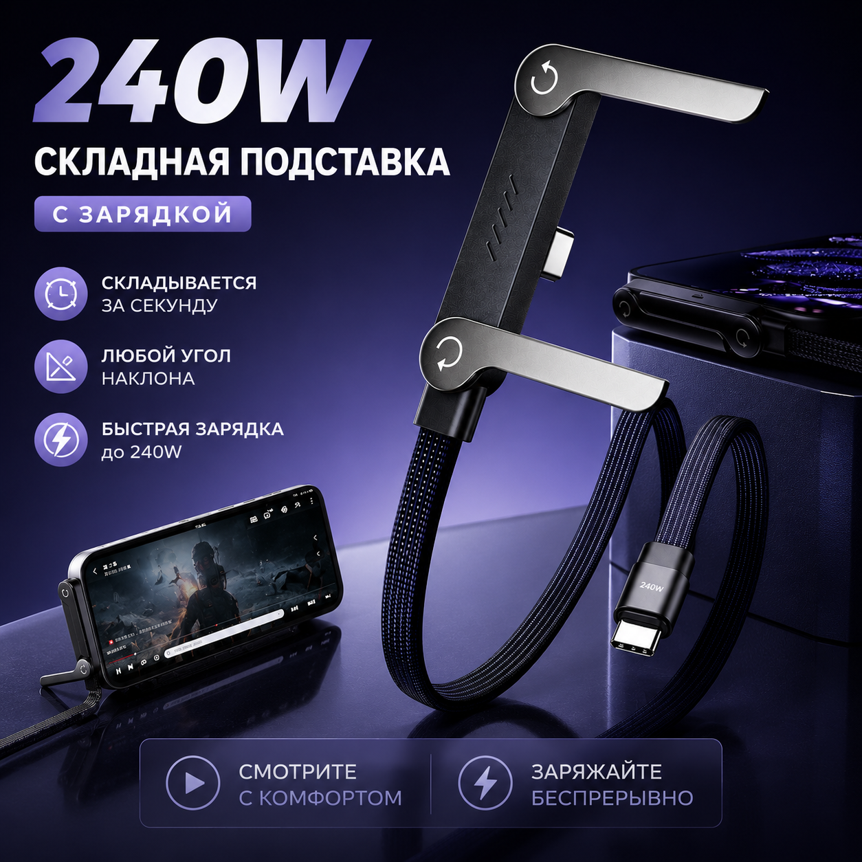 Кабель-Подставка 240Вт USB-C — Зарядка + Держатель для телефона 2 в 1
