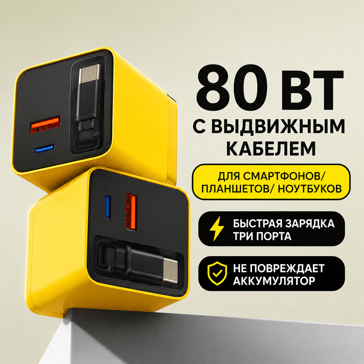 Зарядное устройство 3-в-1 80W с выдвижным кабелем | Для iPhone, Android и USB-C
