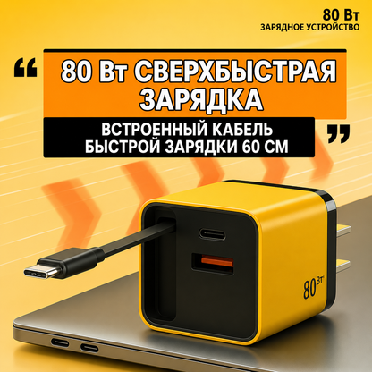 Зарядное устройство 3-в-1 80W с выдвижным кабелем | Для iPhone, Android и USB-C